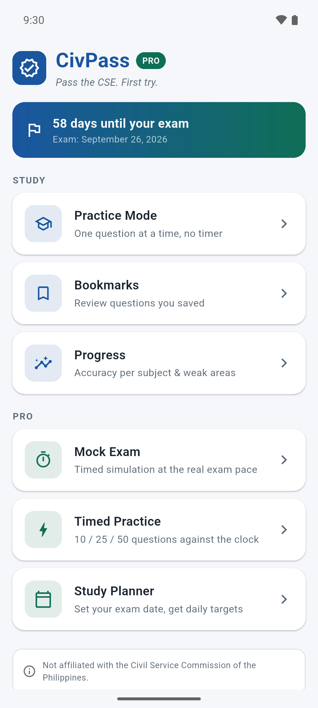 CivPass home screen showing an exam countdown and the study and Pro feature lists.