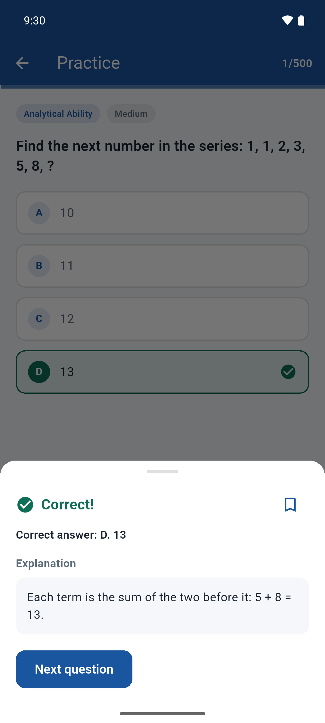 A practice question answered correctly, with the explanation sheet open below it.