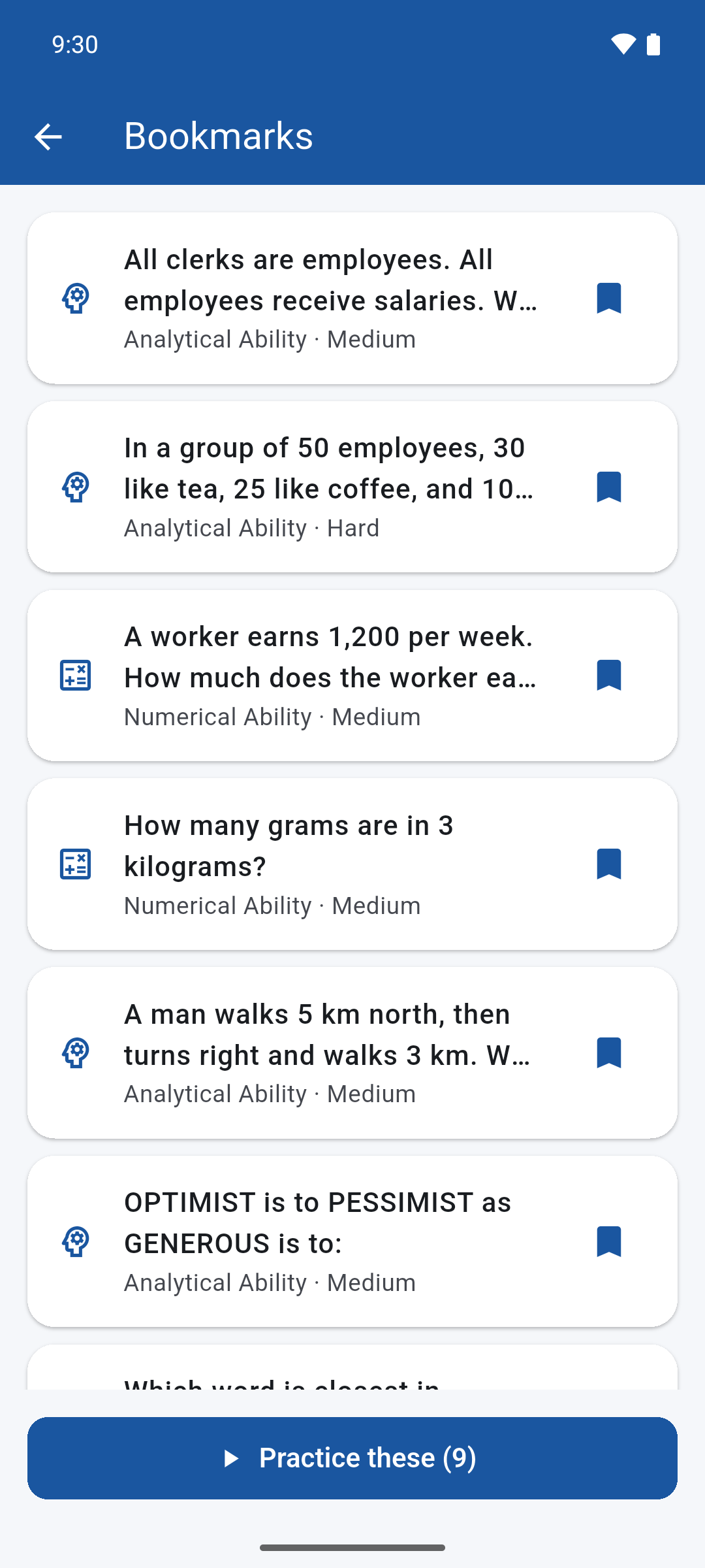 Bookmarked questions list with a practice these button.