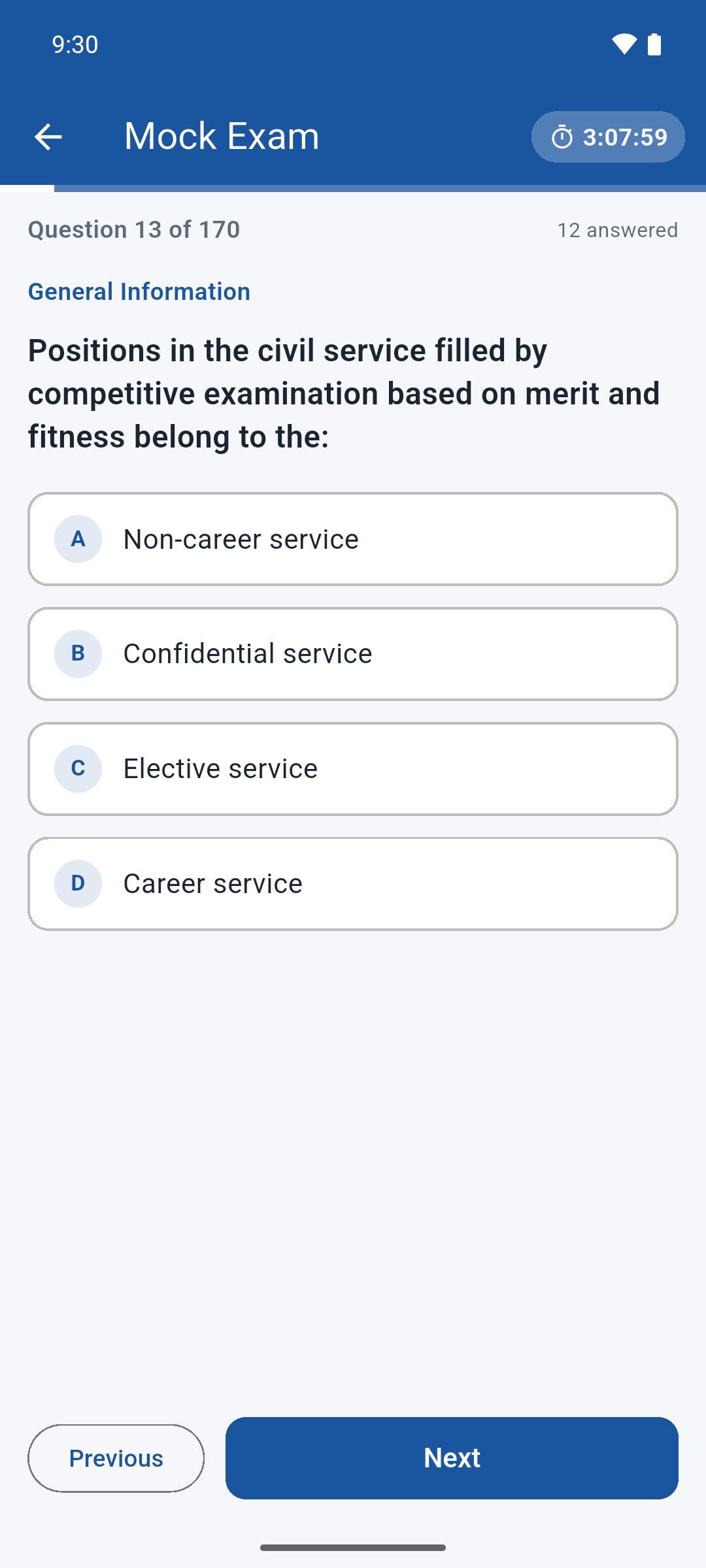 Mock exam in progress, question 13 of 170, with a countdown timer in the app bar.