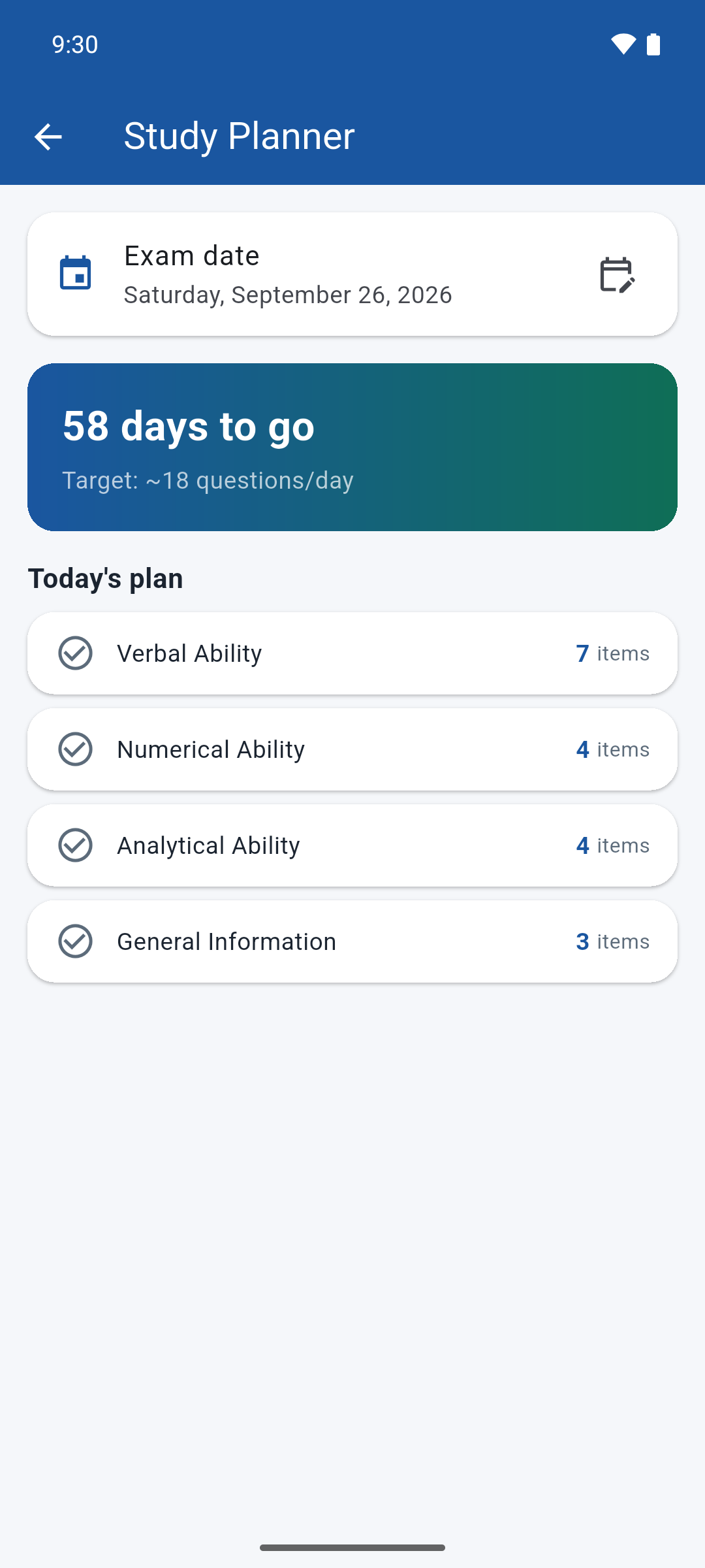 Study planner showing days until the exam and a daily question target per subject.