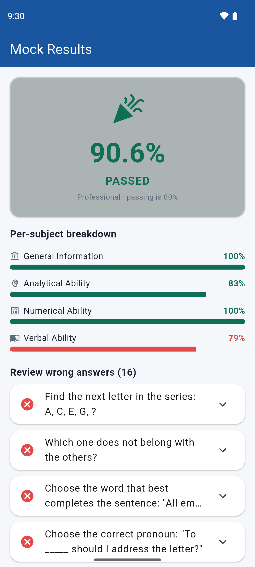 Mock exam results showing 90.6 percent passed with a per-subject breakdown.